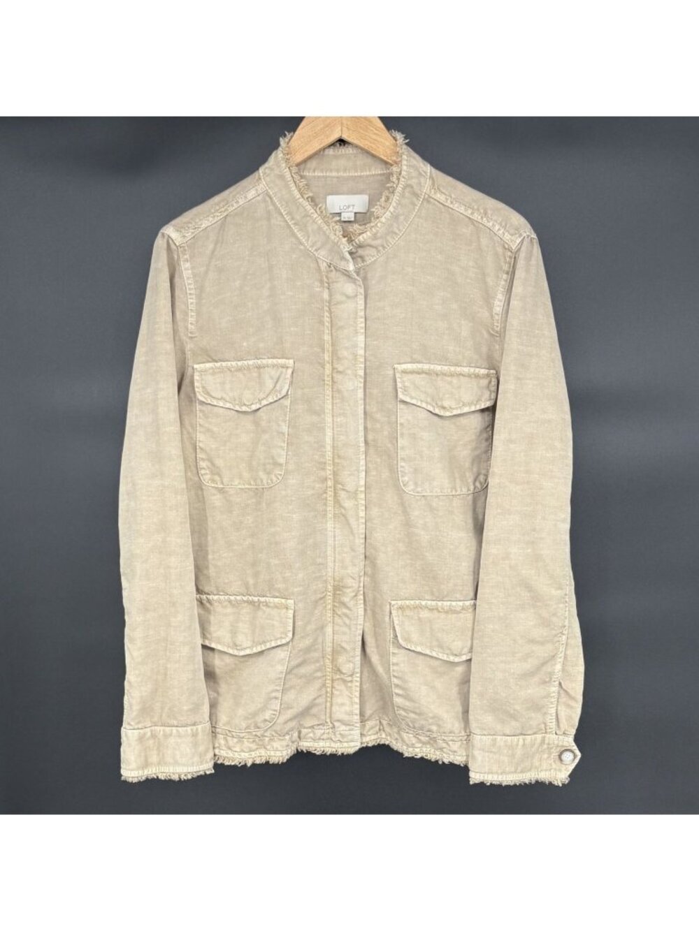 LOFT Women's Linen Blend Utility Jacket XL Beige Frayed Trim Military Safari